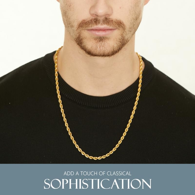 KISPER 18k Gold Hip Hop Rope Chain Necklace â€“ 5mm Thick Gold Plated Stainless Steel Jewelry for Women & Men with Lobster Clasp, 24" - Image 2